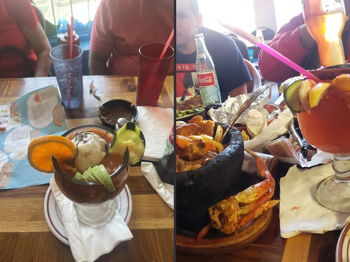 Seafood plates on a casual restaurant table.