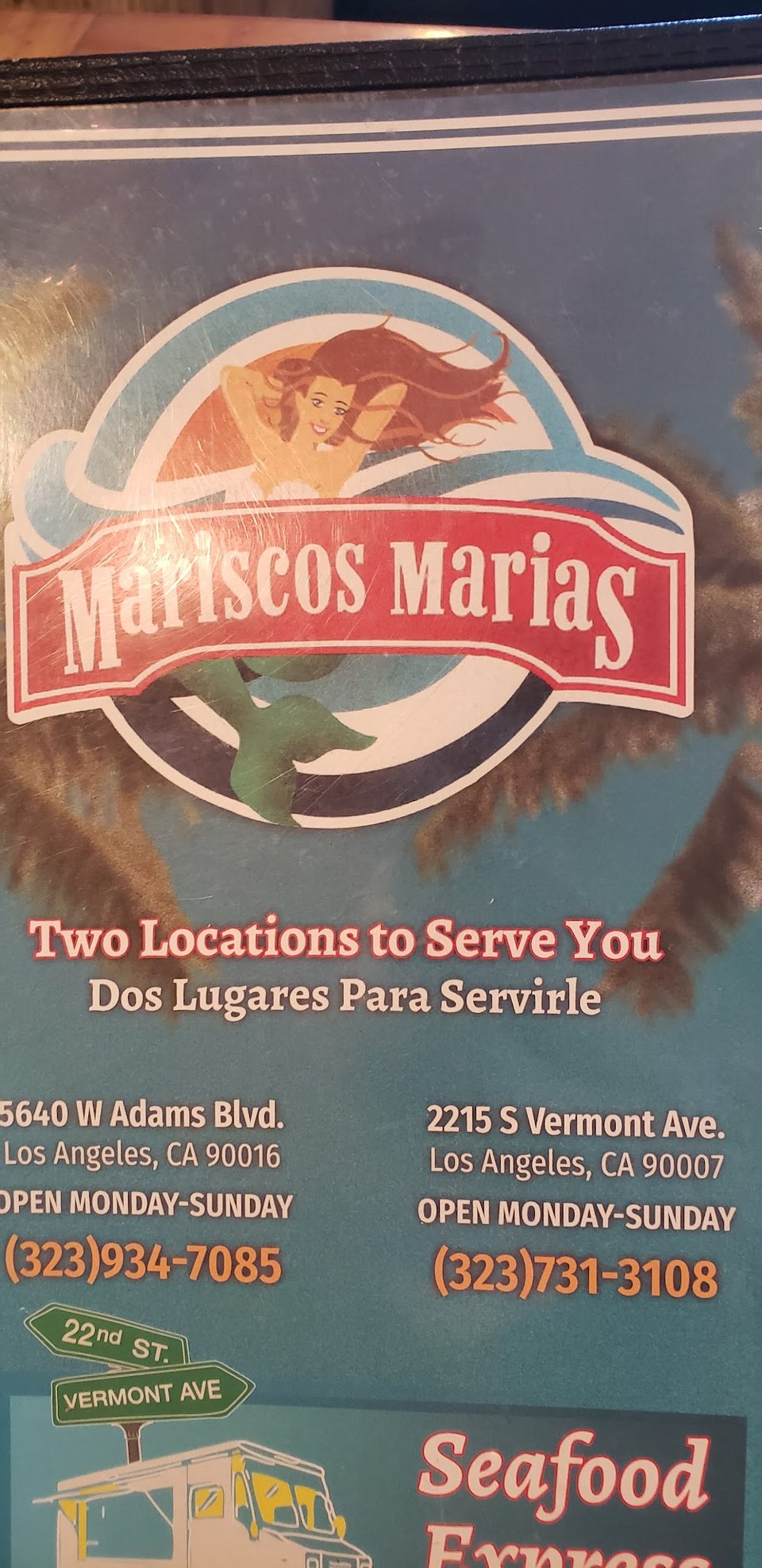 Printed menu featuring ceviche and fish tacos.