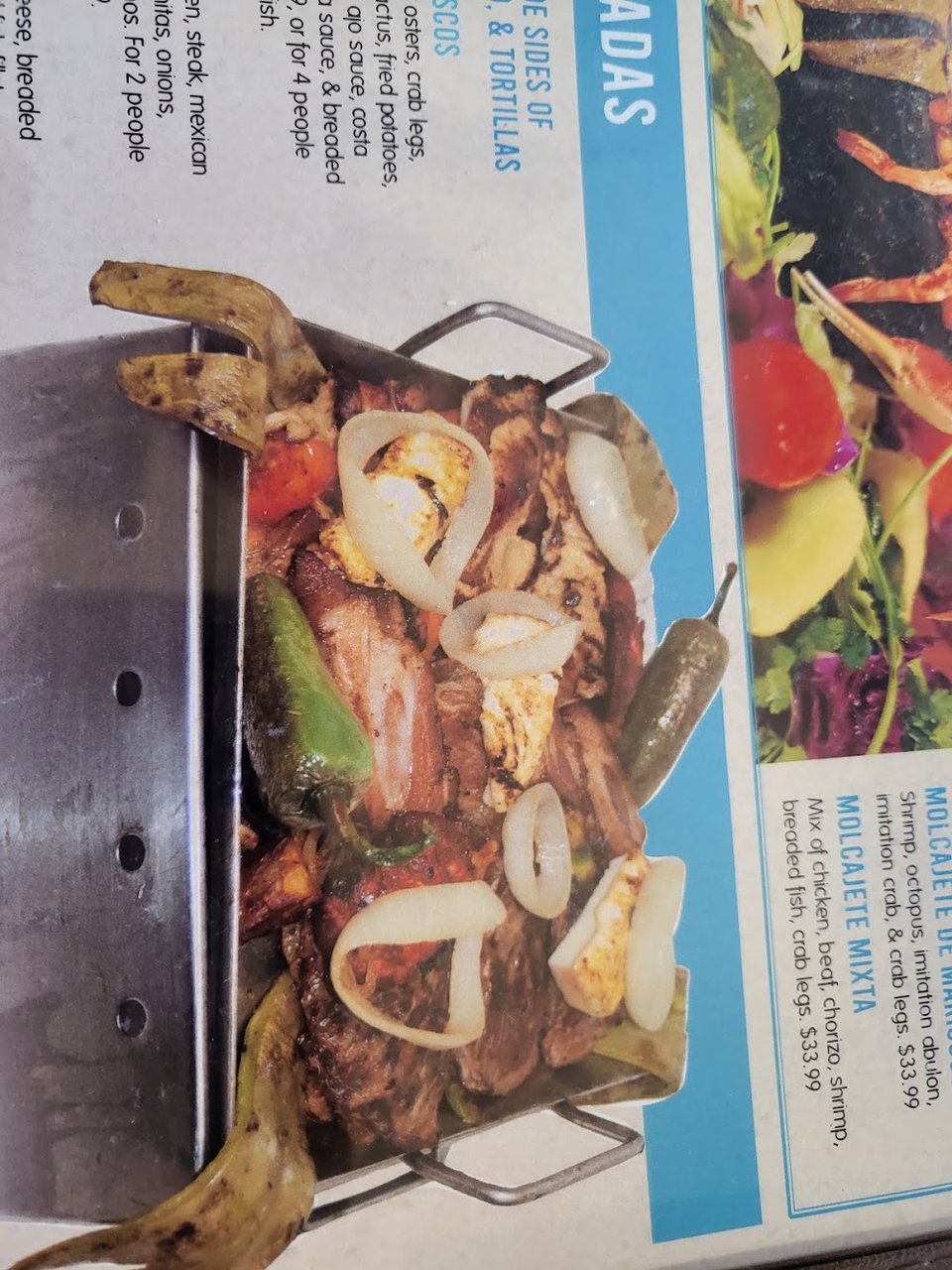 Breakfast and seafood choices listed on one page.